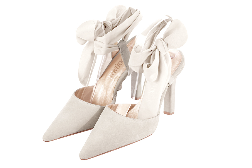 Off white women's open back shoes, with an ankle scarf. Pointed toe. Very high slim heel. Front view - Florence KOOIJMAN